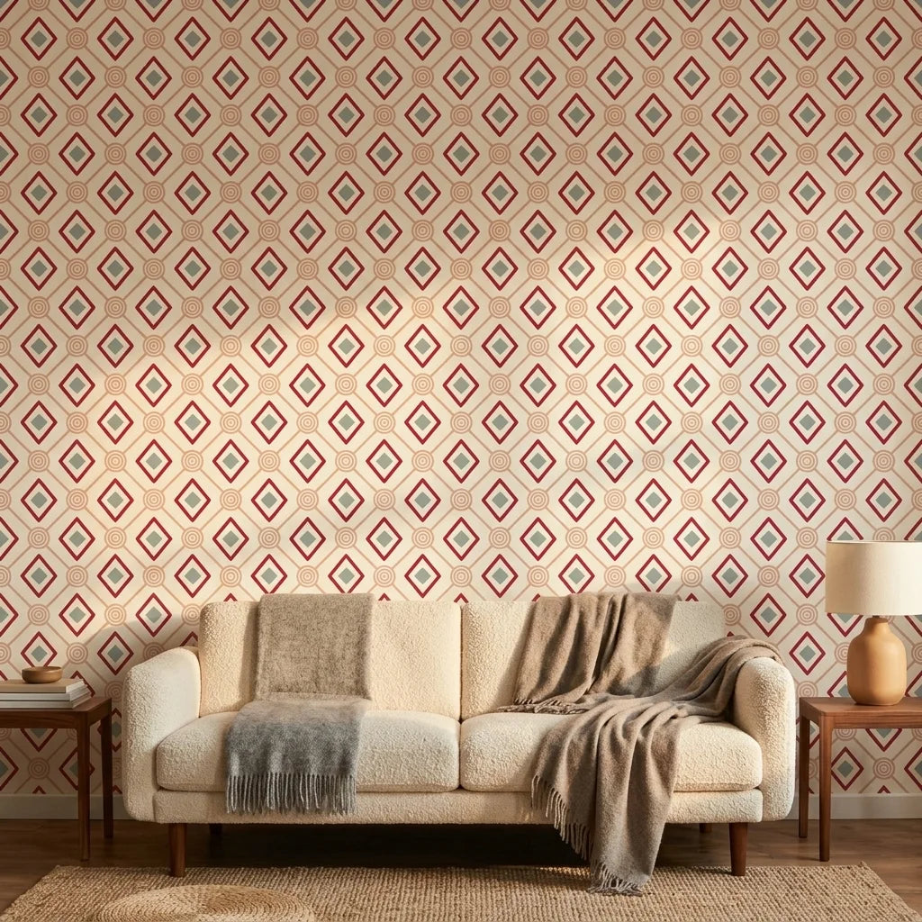Desert Compass red geometric peel and stick wallpaper in a warm and inviting living room