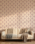 Desert Compass red geometric peel and stick wallpaper in a warm and inviting living room