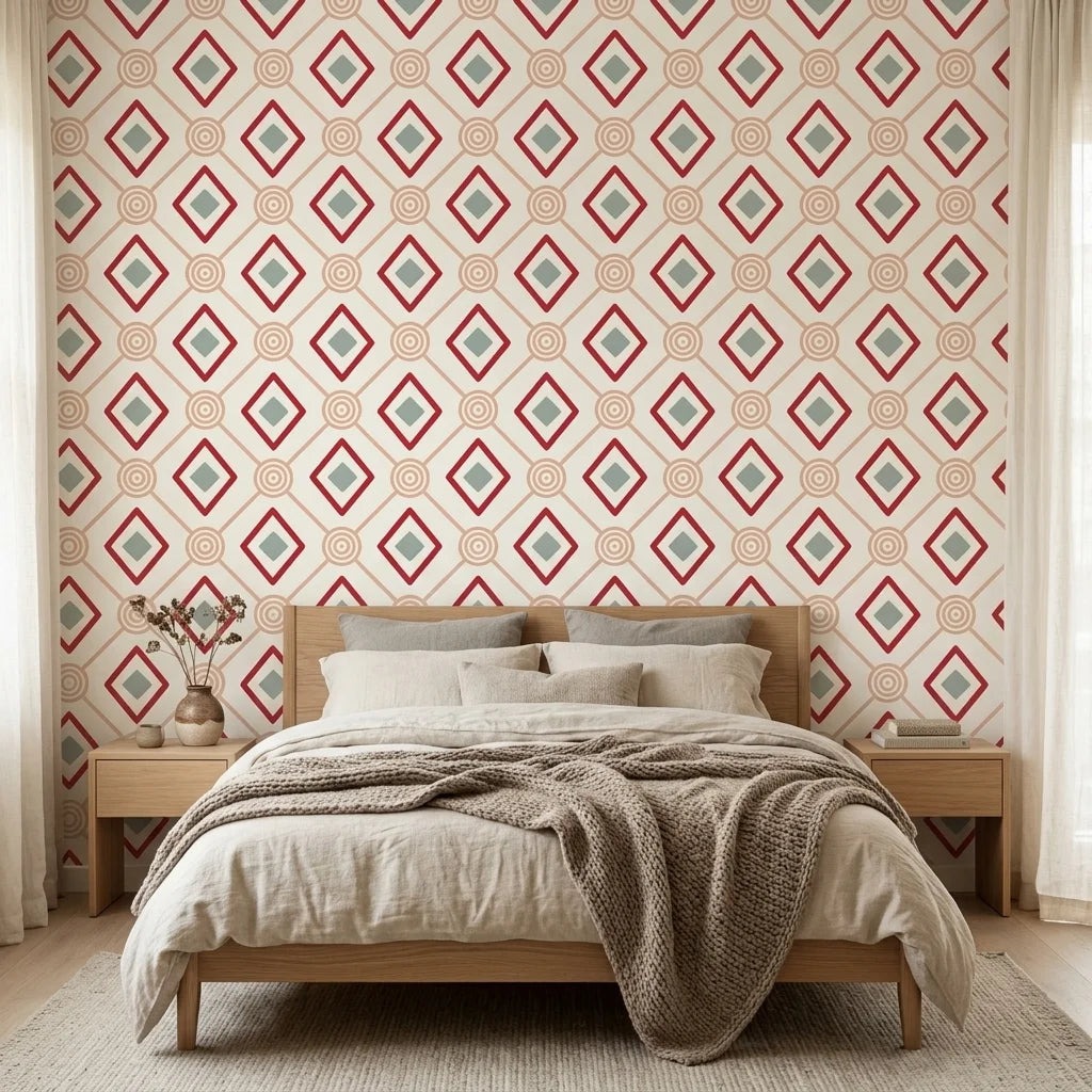 Desert Compass red geometric peel and stick wallpaper adding character to a cozy bedroom