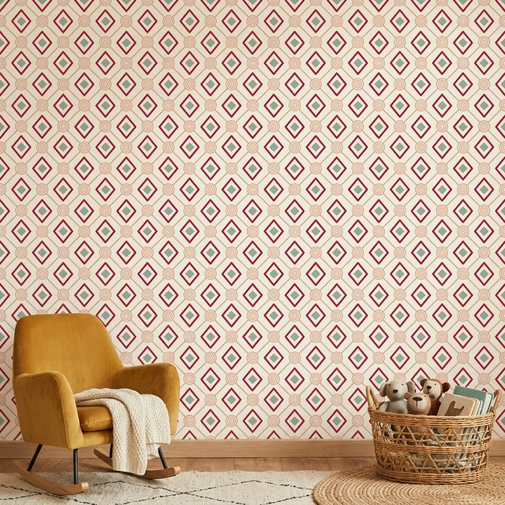Desert Compass red geometric peel and stick wallpaper bringing warmth to a peaceful nursery