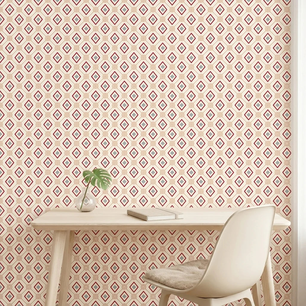 Desert Compass red geometric peel and stick wallpaper as a feature wall in a bright home office