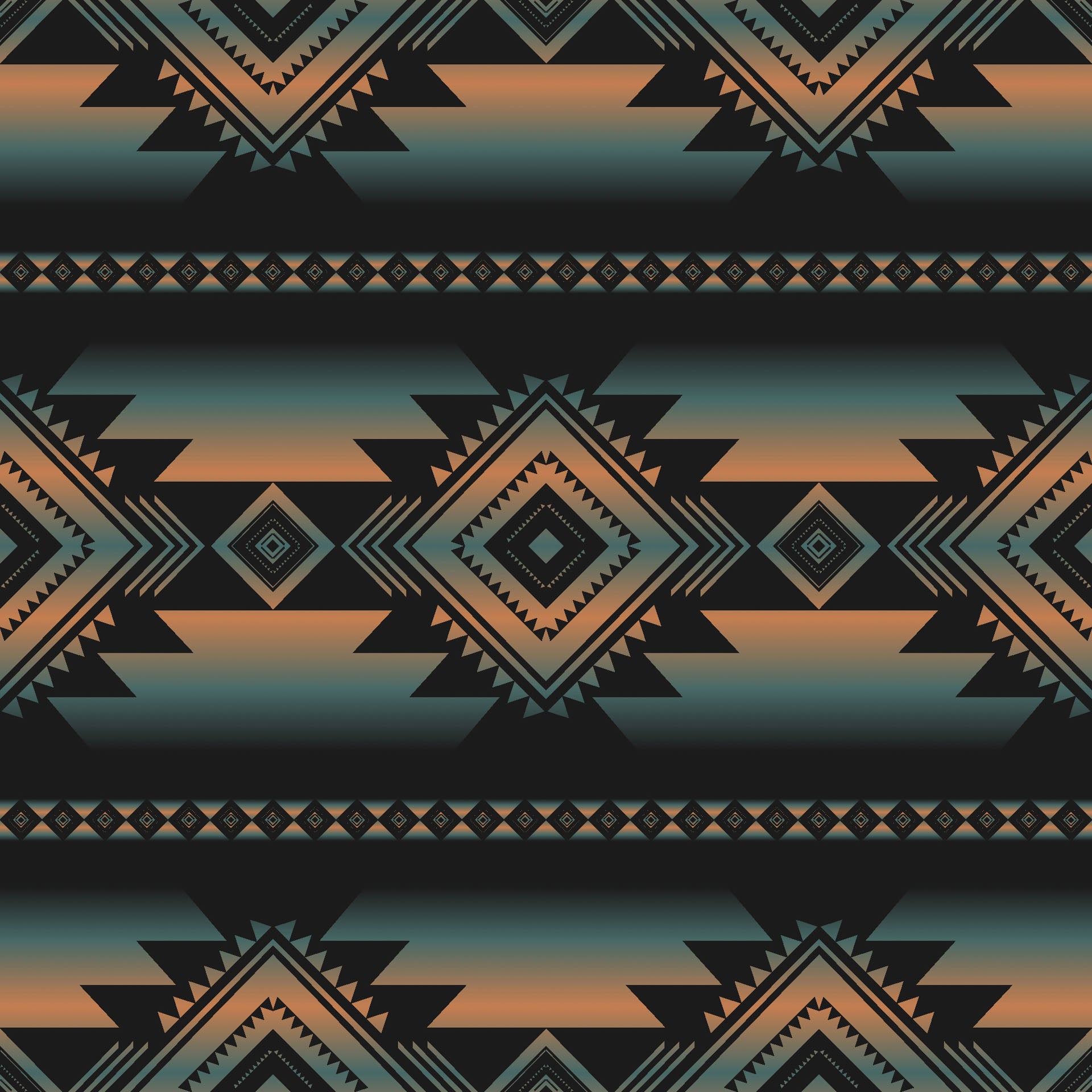 Geometric Southwestern wall covering with an ombre pattern of black stripes fading into orange—Desert Echoes