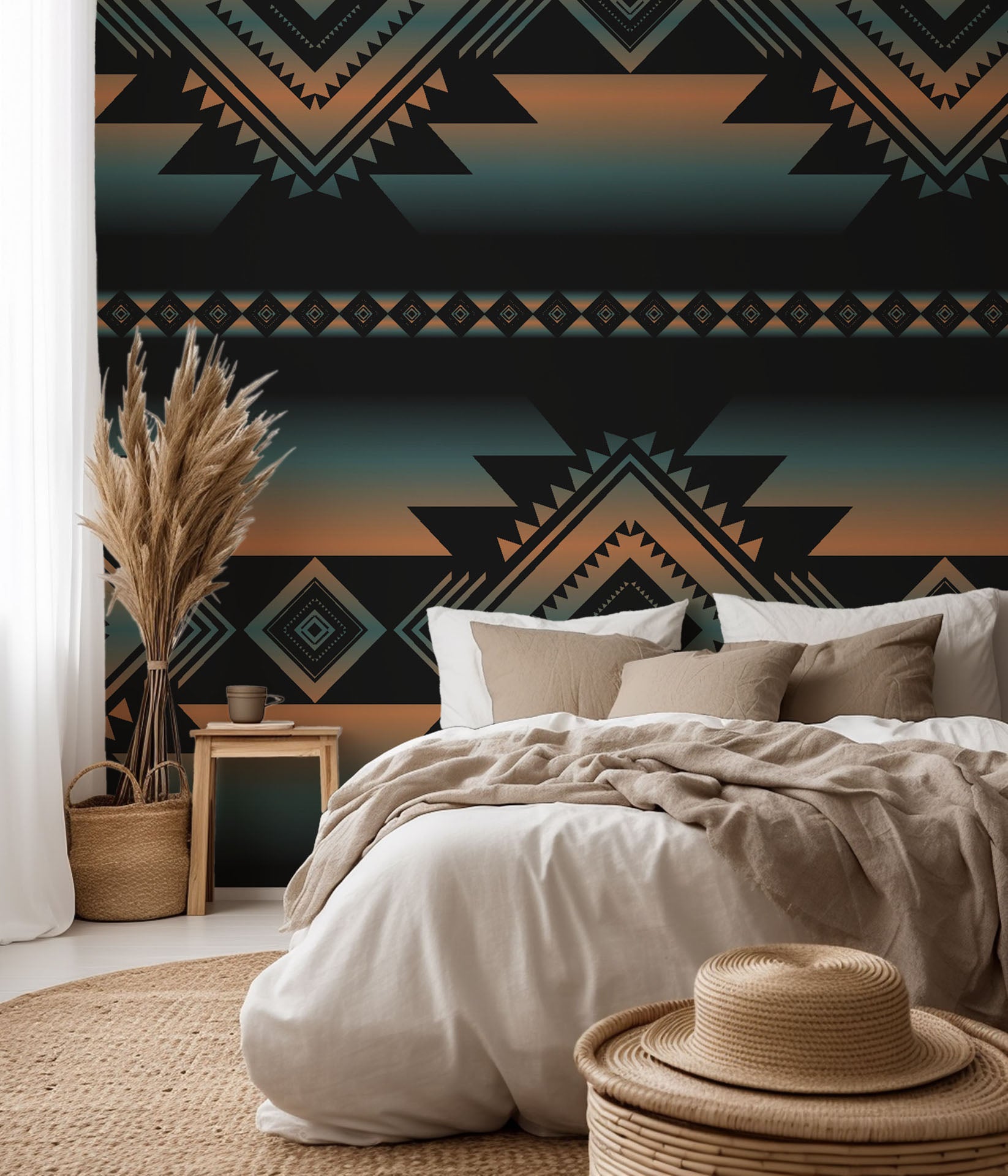 Geometric wallpaper design in Southwestern style, showing ombré stripes that shift from black to orange