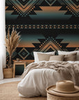 Geometric wallpaper design in Southwestern style, showing ombré stripes that shift from black to orange