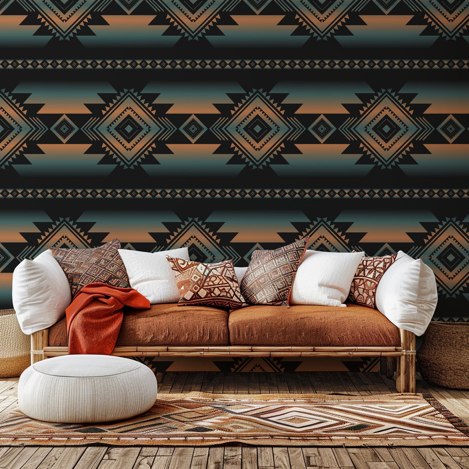 Geometric Southwestern wallcovering named 'Desert Echoes', showing linear stripes that fade from black to orange