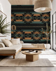 A geometric Southwestern wall covering displaying ombre stripes that transition from black to orange, titled Desert Echoes.