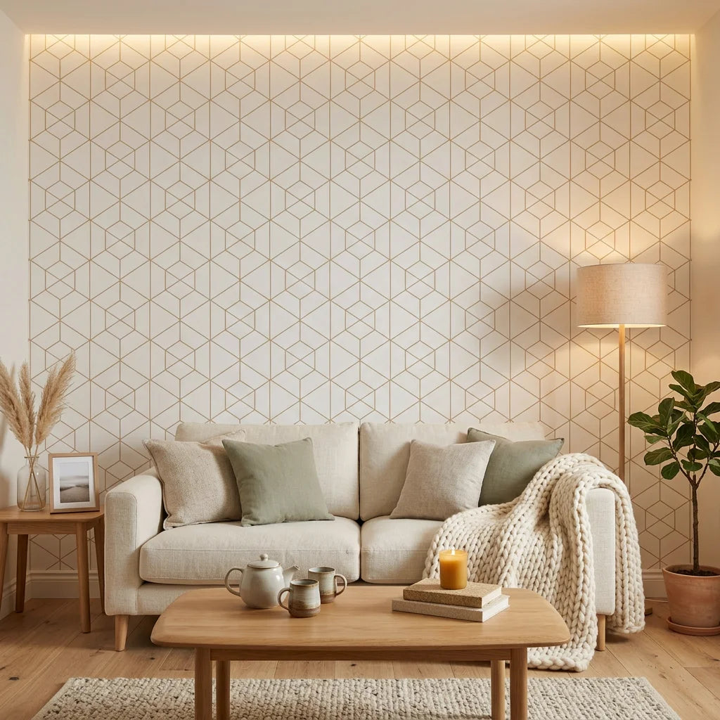 Desert Filigree gold geometric cube wallpaper in a warm and inviting living room