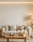 Desert Filigree gold geometric cube wallpaper in a warm and inviting living room