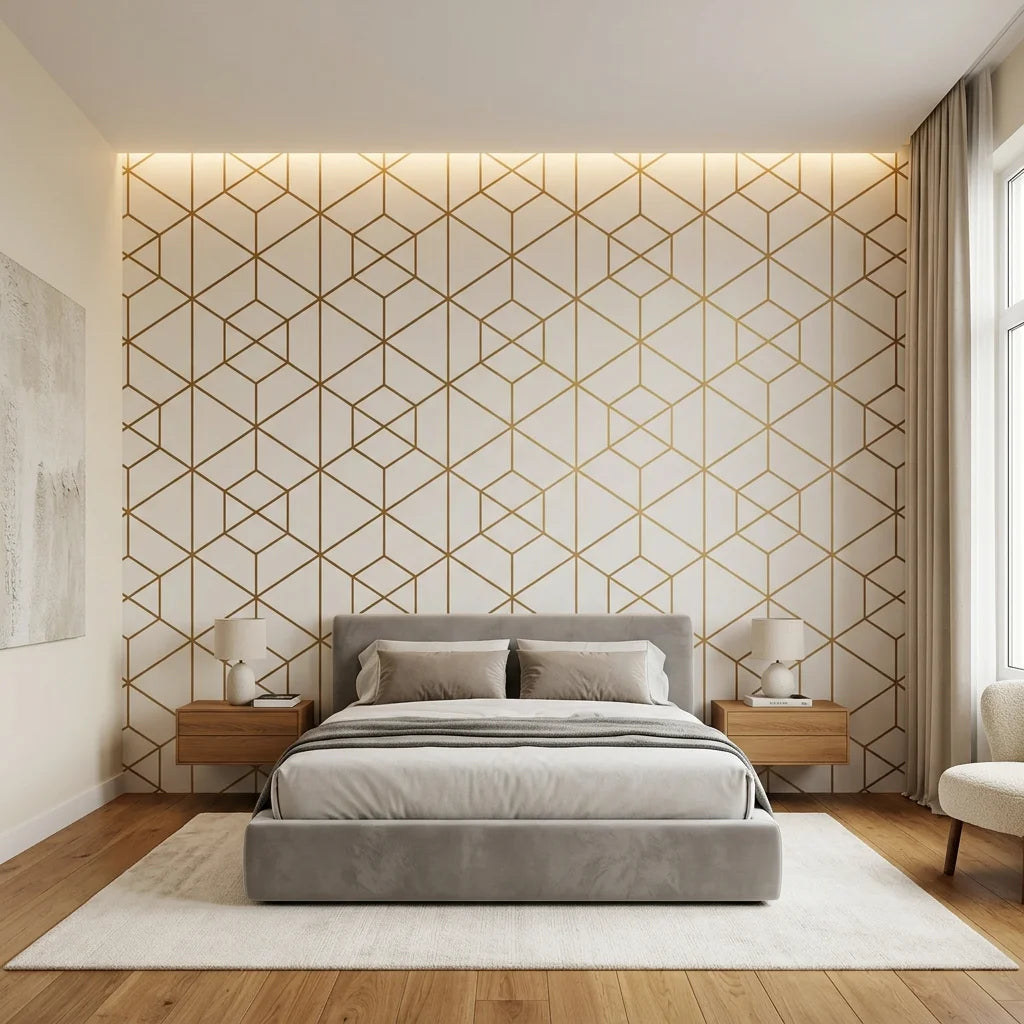 Desert Filigree gold geometric cube wallpaper adding character to a cozy bedroom