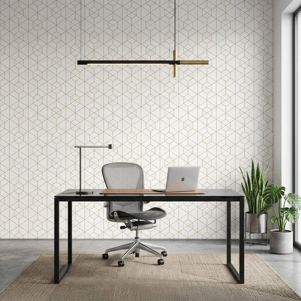 Desert Filigree gold geometric cube wallpaper as a feature wall in a bright home office