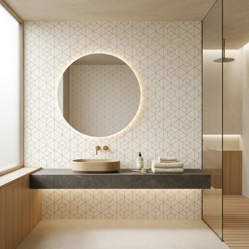 Desert Filigree gold geometric cube wallpaper creating ambiance in a serene bathroom