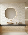 Desert Filigree gold geometric cube wallpaper creating ambiance in a serene bathroom