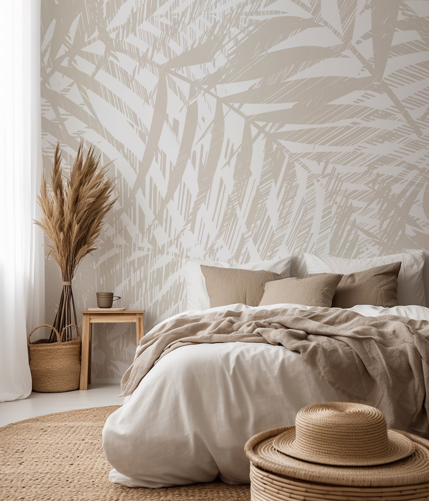 Neutral abstract palm wallpaper with layered hand-drawn frond linework creating a soft, textured pattern.
