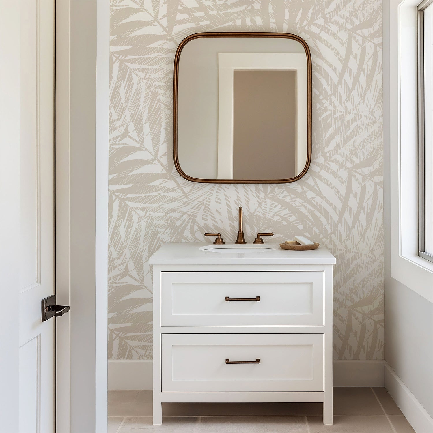 Neutral abstract palm wallpaper with layered hand-drawn frond linework creating a soft, textured pattern.