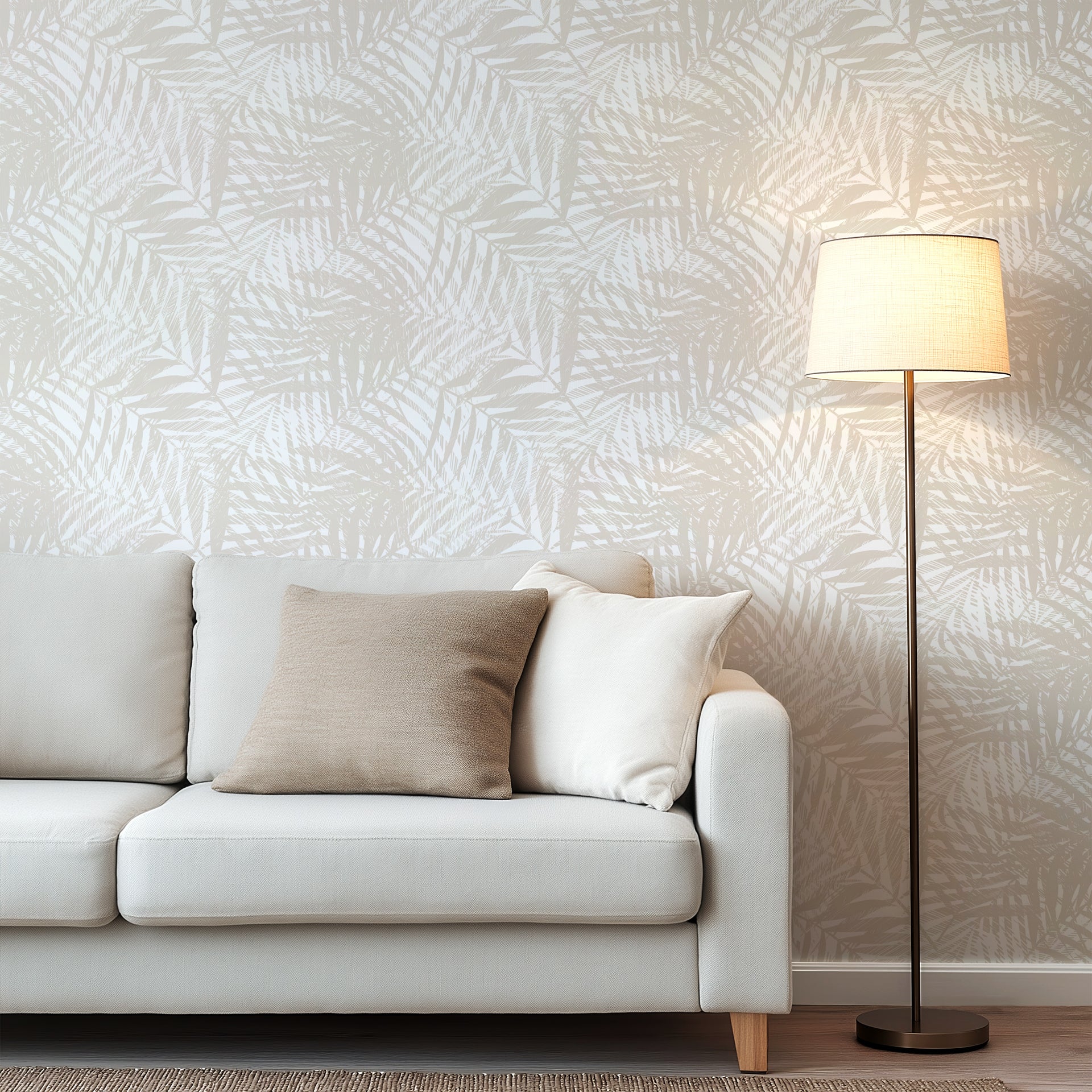 Neutral abstract palm wallpaper with layered hand-drawn frond linework creating a soft, textured pattern.