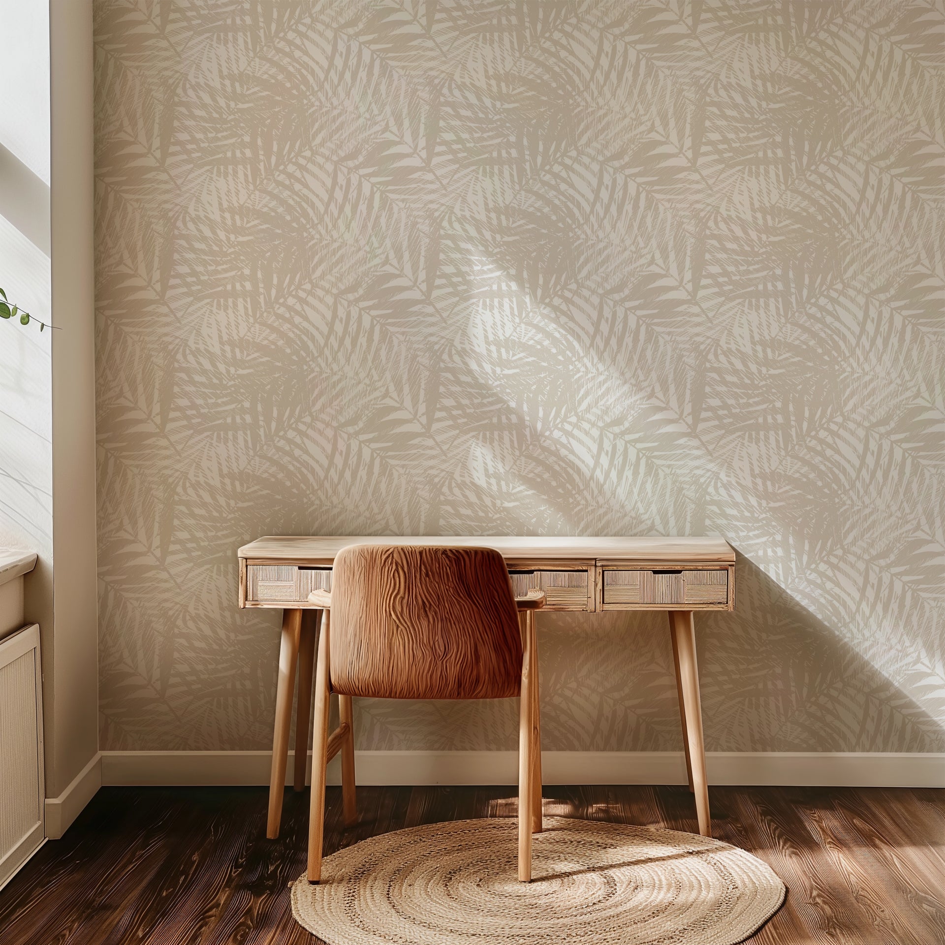 Neutral abstract palm wallpaper with layered hand-drawn frond linework creating a soft, textured pattern.