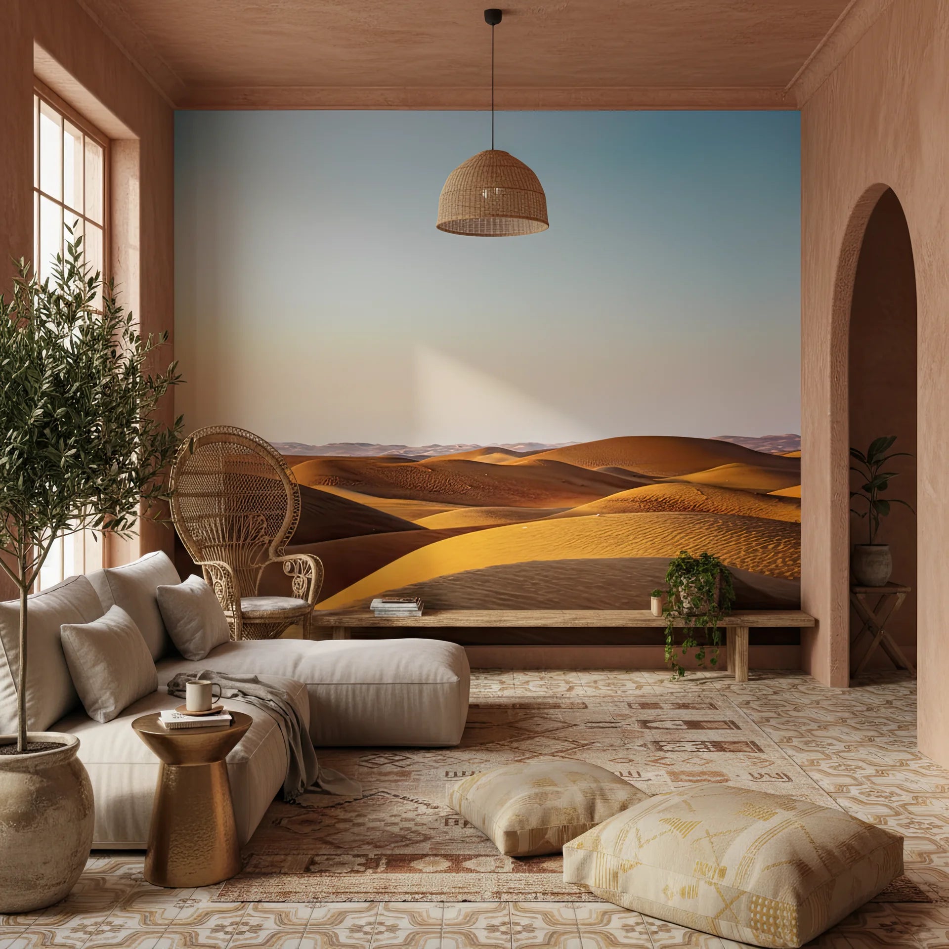 Desert landscape glowing in golden hour light peel and stick wallpaper