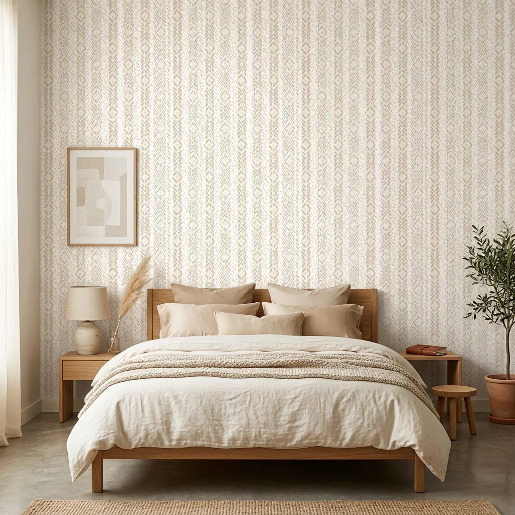 Desert Loom neutral geometric peel and stick wallpaper in a warm and inviting living room