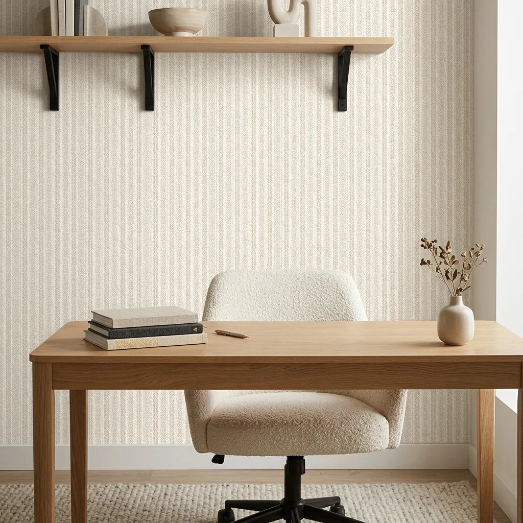 Desert Loom neutral geometric peel and stick wallpaper adding character to a cozy bedroom