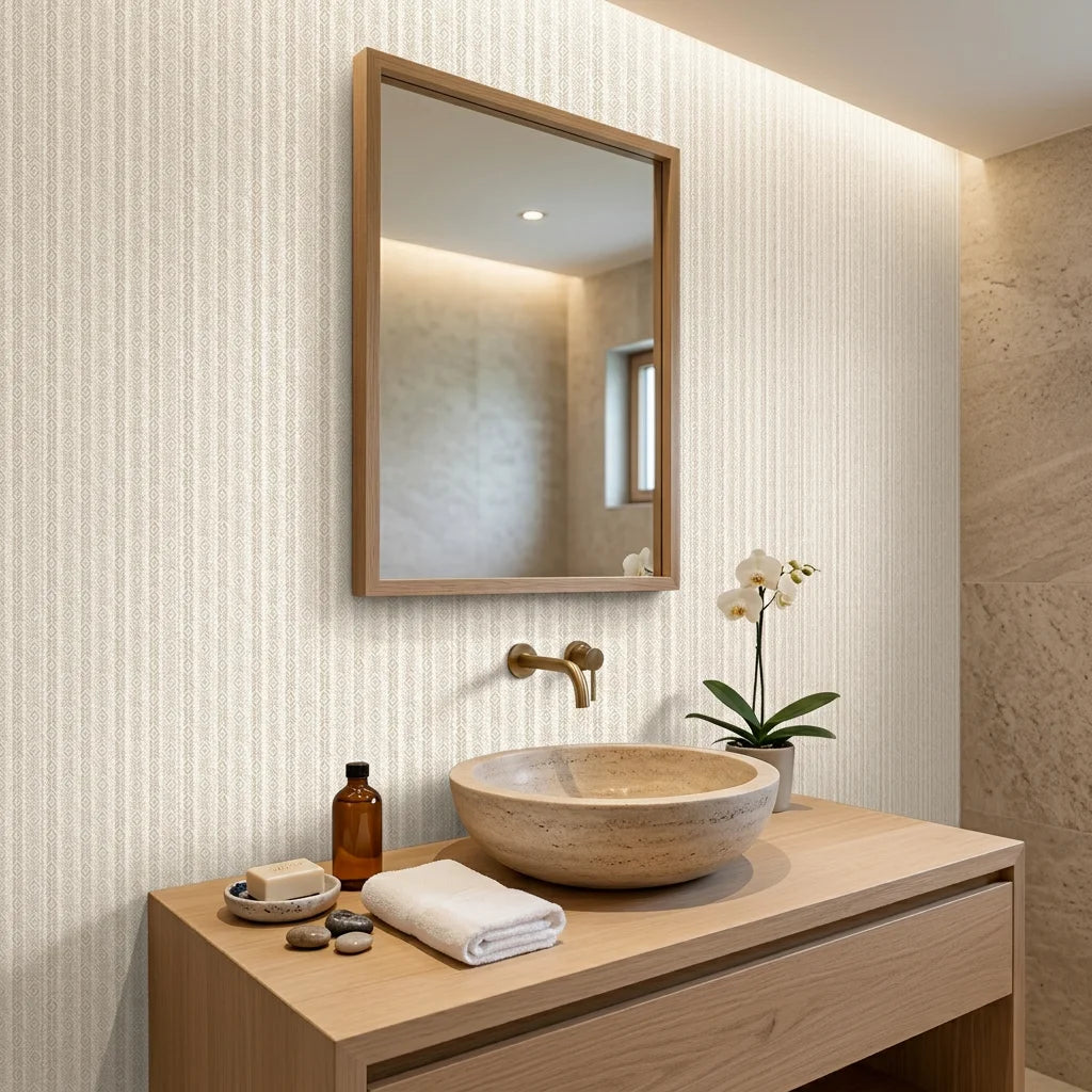 Desert Loom neutral geometric peel and stick wallpaper as a feature wall in a bright home office