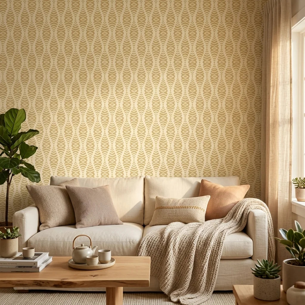 Desert Ritual ochre geometric peel and stick wallpaper in a warm and inviting living room