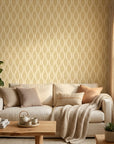 Desert Ritual ochre geometric peel and stick wallpaper in a warm and inviting living room