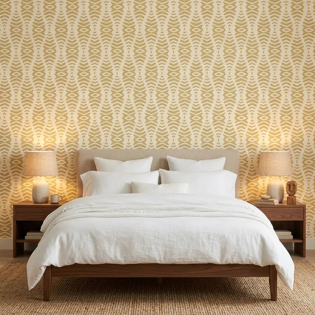 Desert Ritual ochre geometric peel and stick wallpaper adding character to a cozy bedroom