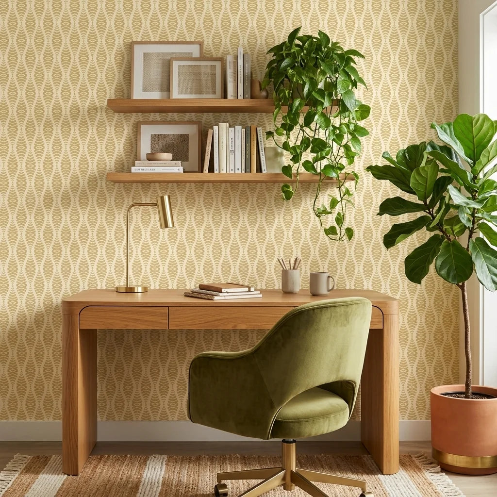 Desert Ritual ochre geometric peel and stick wallpaper as a feature wall in a bright home office