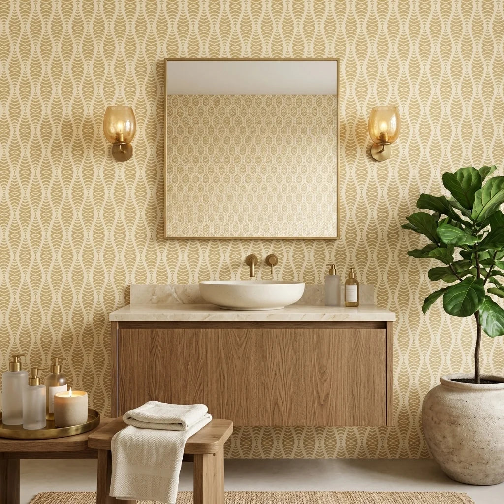 Desert Ritual ochre geometric peel and stick wallpaper creating ambiance in a serene bathroom