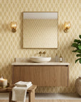 Desert Ritual ochre geometric peel and stick wallpaper creating ambiance in a serene bathroom