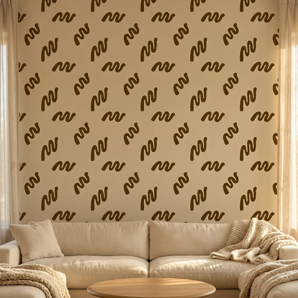 Desert Trace warm beige minimalist abstract mural wallpaper creating ambiance in a serene bathroom