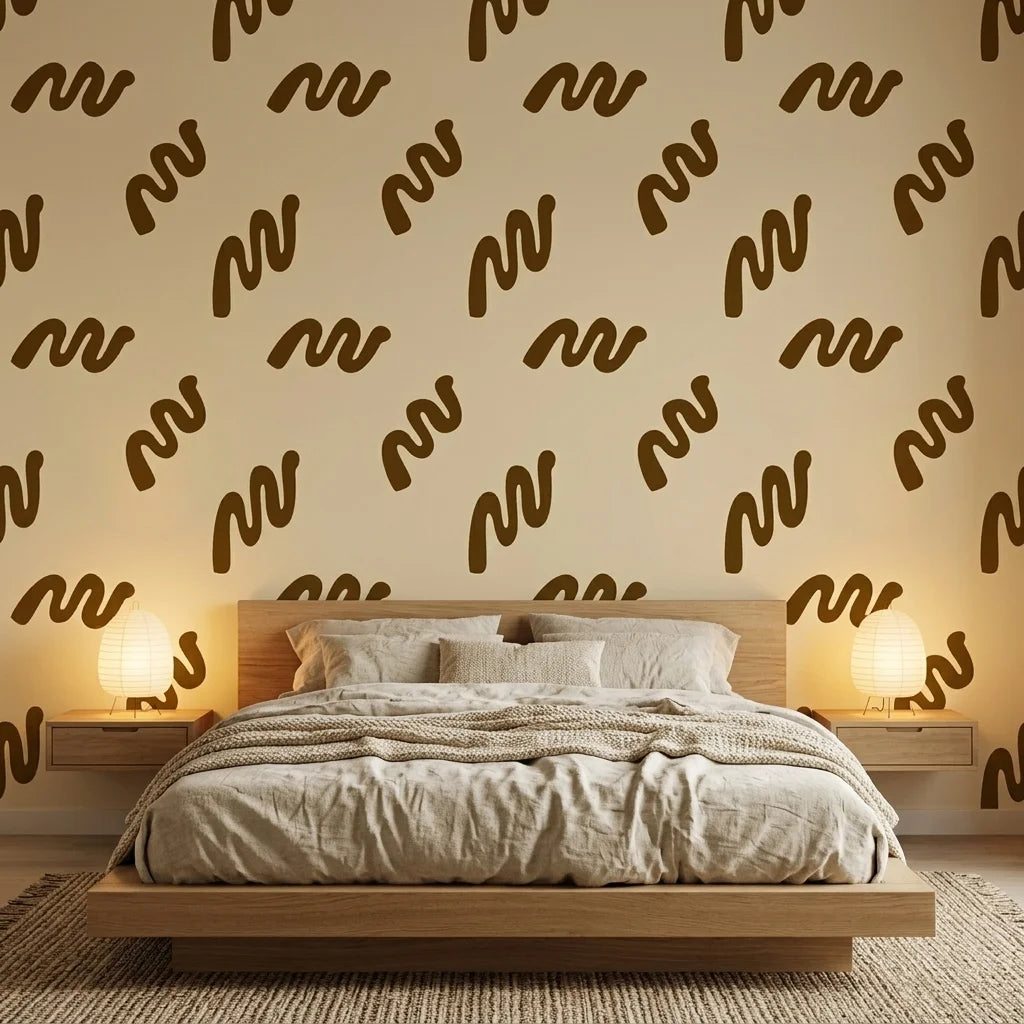 Desert Trace warm beige minimalist abstract mural wallpaper in a warm and inviting living room