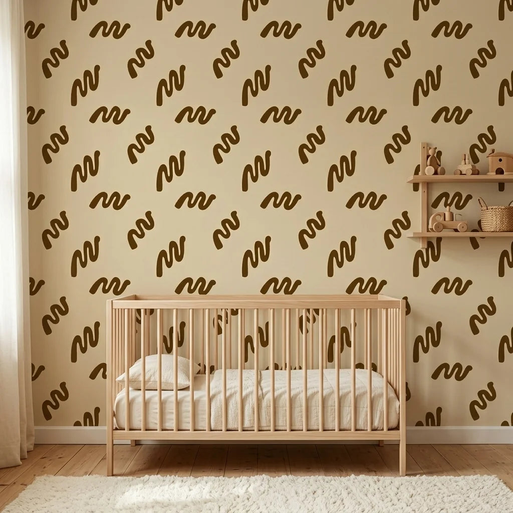 Desert Trace warm beige minimalist abstract mural wallpaper adding character to a cozy bedroom