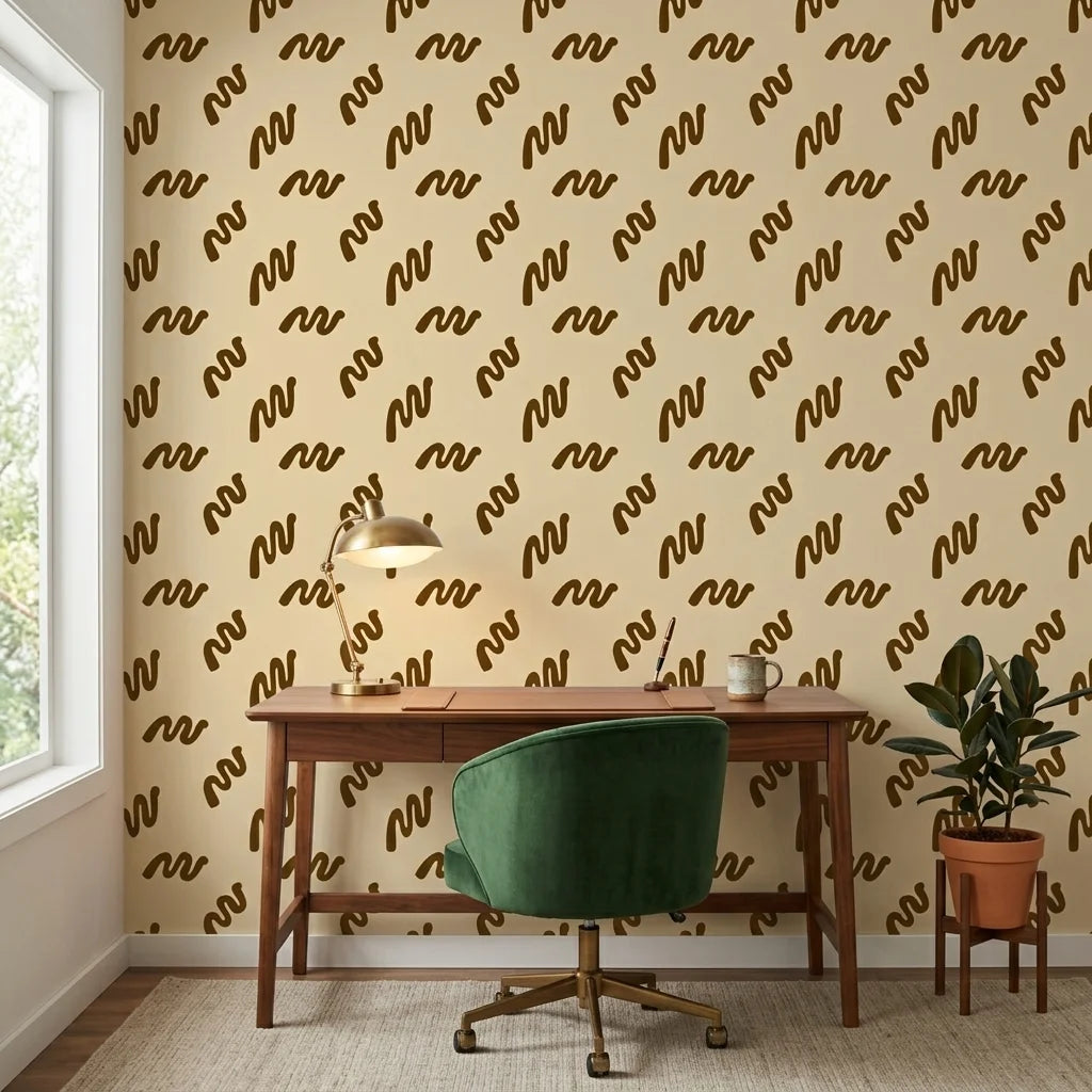 Desert Trace warm beige minimalist abstract mural wallpaper as a feature wall in a bright home office