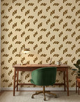 Desert Trace warm beige minimalist abstract mural wallpaper as a feature wall in a bright home office