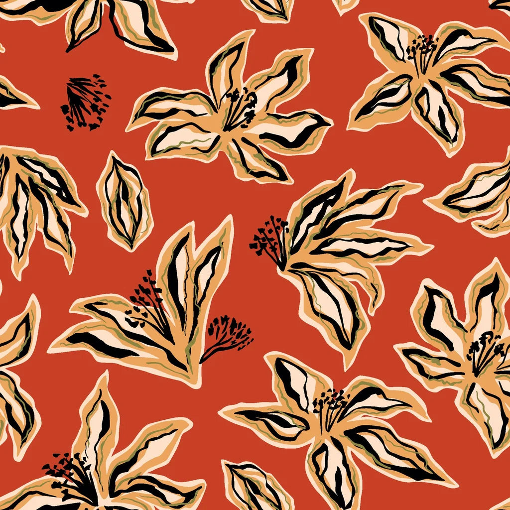 Removable wallpaper featuring an abstract floral sketch in rust orange and black tones