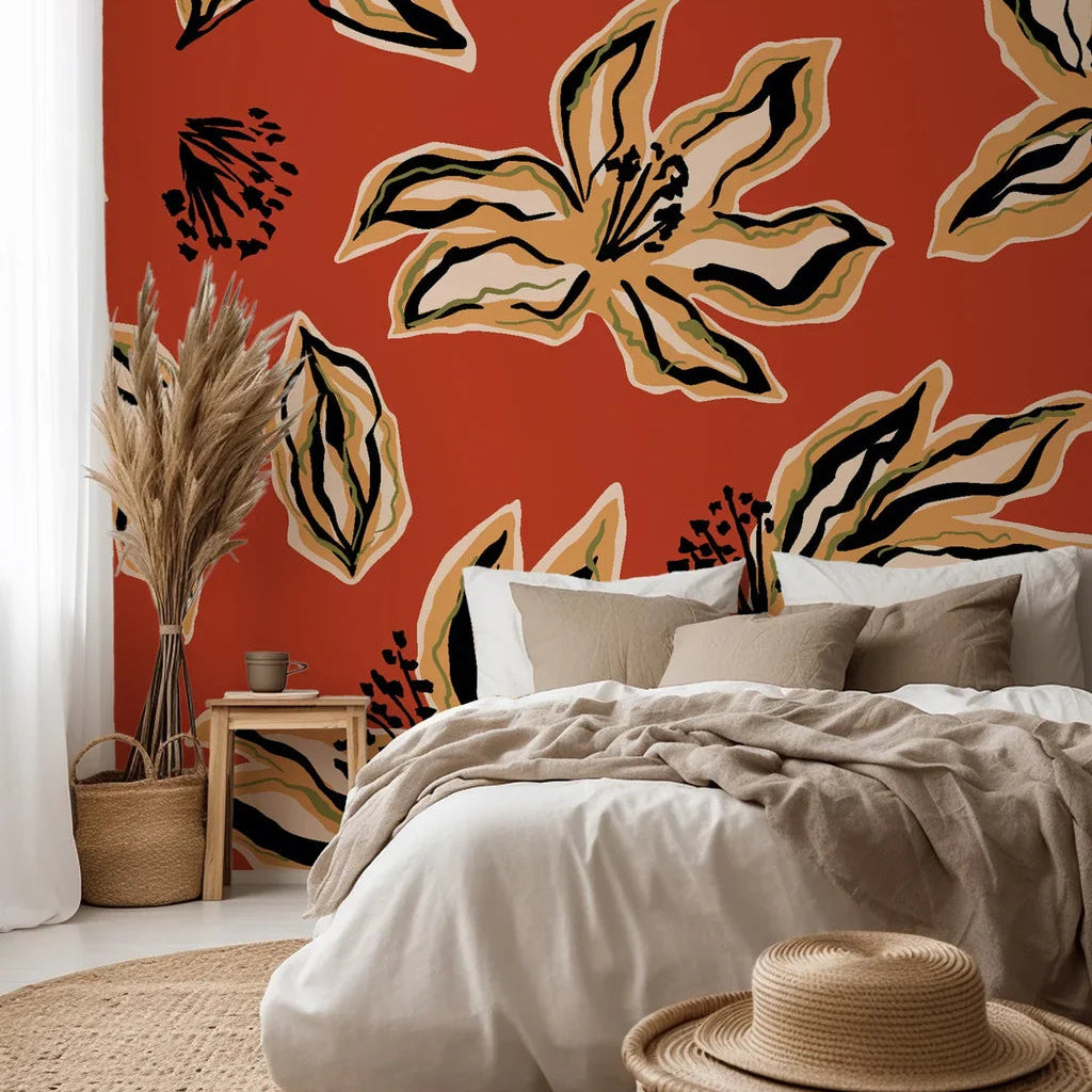 Abstract floral wallpaper featuring rust orange and black sketches on a removable wall covering