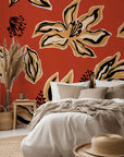 Abstract floral wallpaper featuring rust orange and black sketches on a removable wall covering