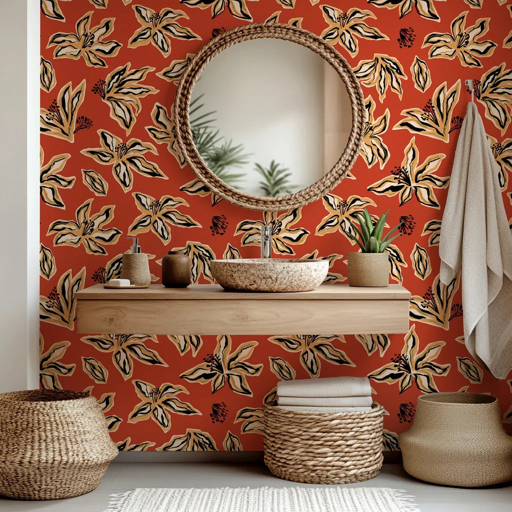 Artistic floral sketch in rust orange and black on removable peel and stick wallpaper