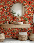 Artistic floral sketch in rust orange and black on removable peel and stick wallpaper