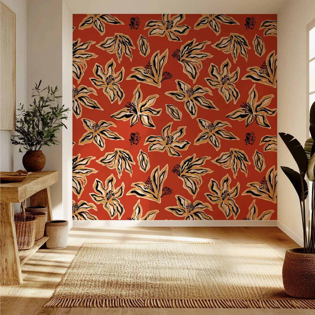Abstract black floral sketches on a vibrant rust orange peel and stick wallpaper