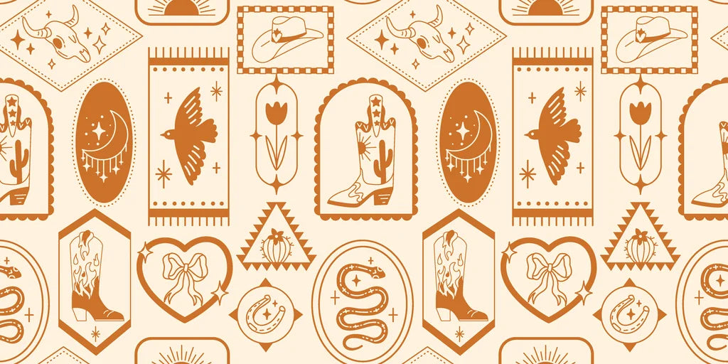 Warm clay-toned wallpaper adorned with classic Western symbols: cowboy boots, snakes, desert shapes, moons, and horseshoes