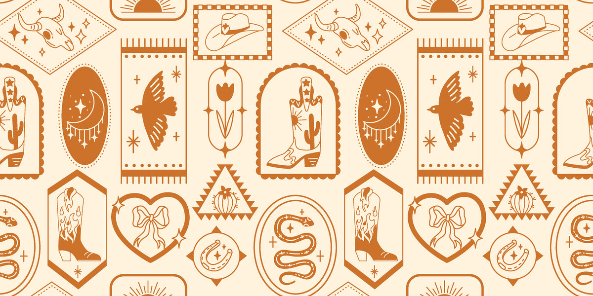 Warm clay-toned wallpaper adorned with classic Western symbols: cowboy boots, snakes, desert shapes, moons, and horseshoes