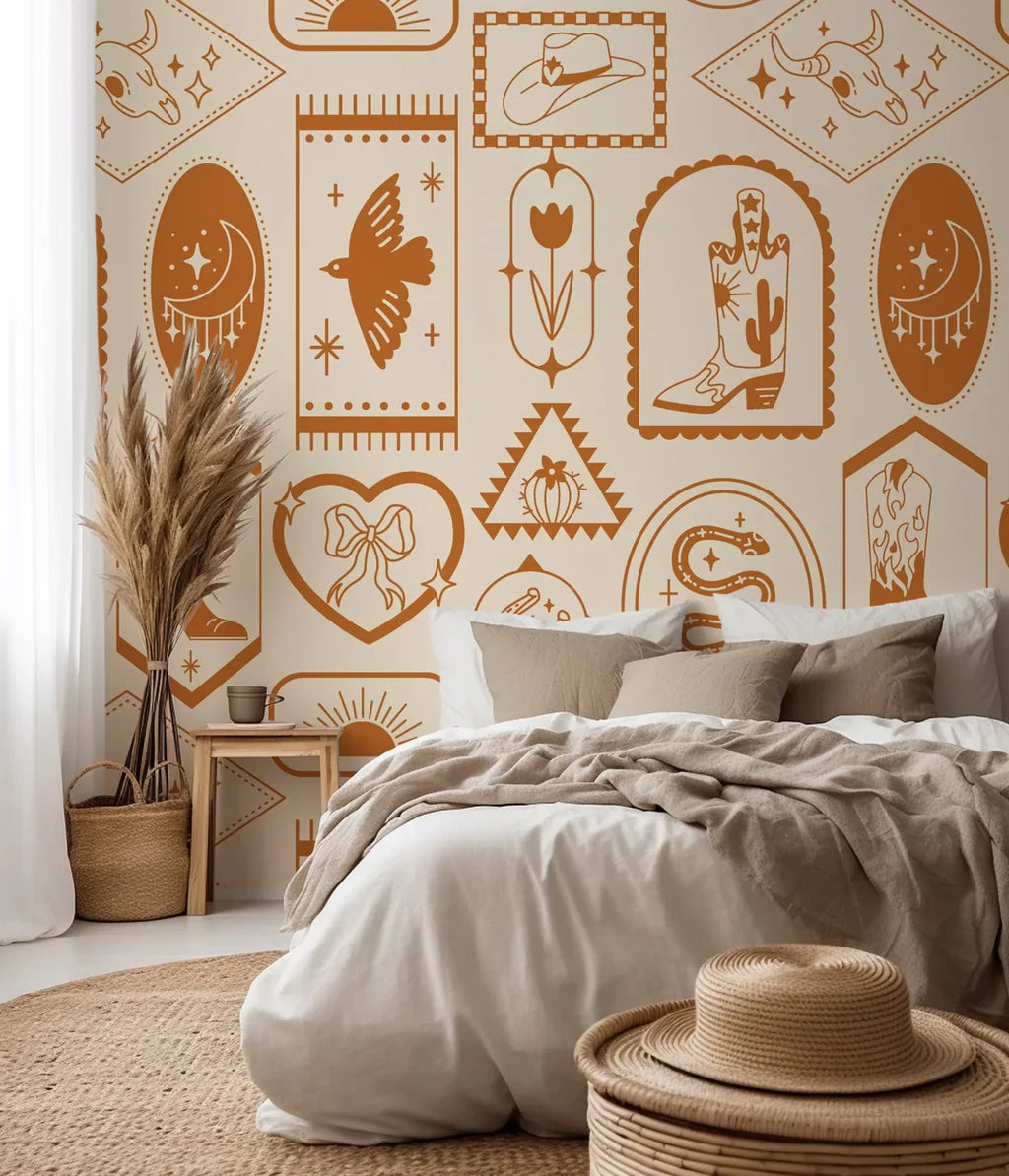This decorative paper features classic Western elements like cowboy boots, snakes, horseshoes, and moons, accented with desert shapes, all presented in rich, warm adobe hues.
