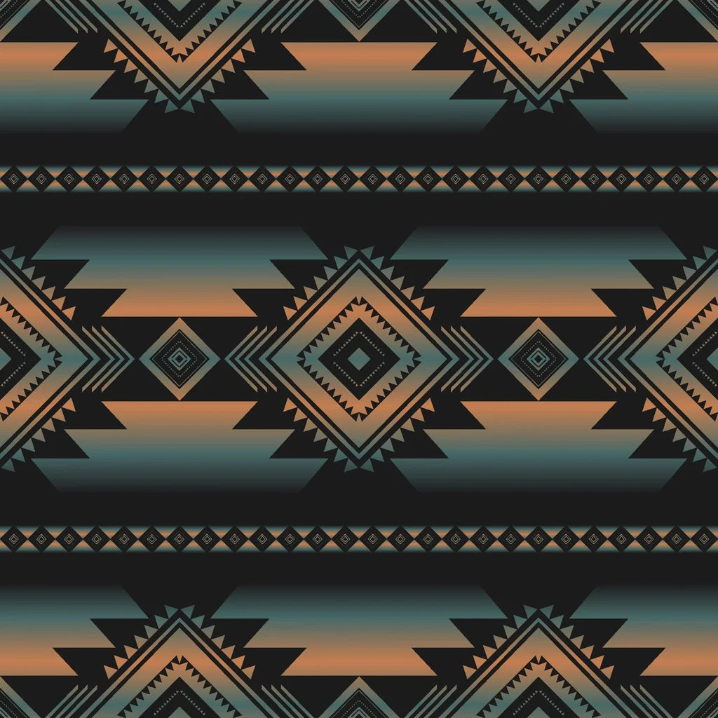 Geometric Southwestern wall covering with an ombre pattern of black stripes fading into orange—Desert Echoes