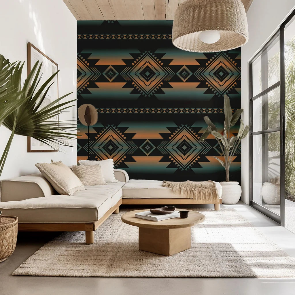 A geometric Southwestern wall covering displaying ombre stripes that transition from black to orange, titled Desert Echoes.