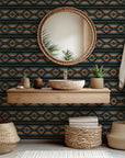 A wallpaper pattern named 'Desert Echoes' with black-to-orange gradient striping and a Southwest geometric design.
