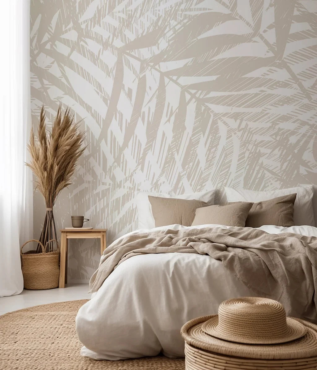 Muted, stylized wallcovering showing overlapping, hand-illustrated lines of palm fronds, resulting in a gentle, patterned texture