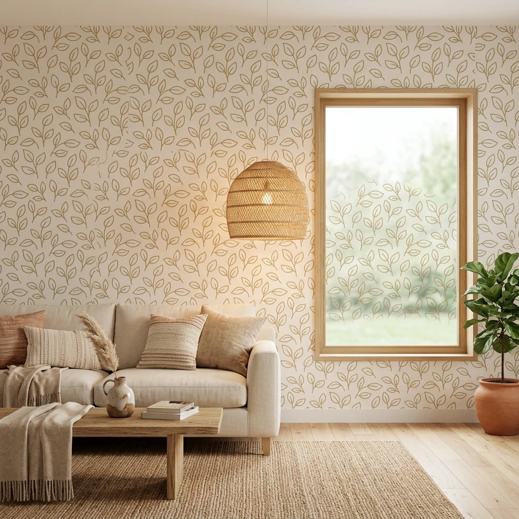 Dew &amp; Gold elegant gold botanical leaf wallpaper in a warm and inviting living room