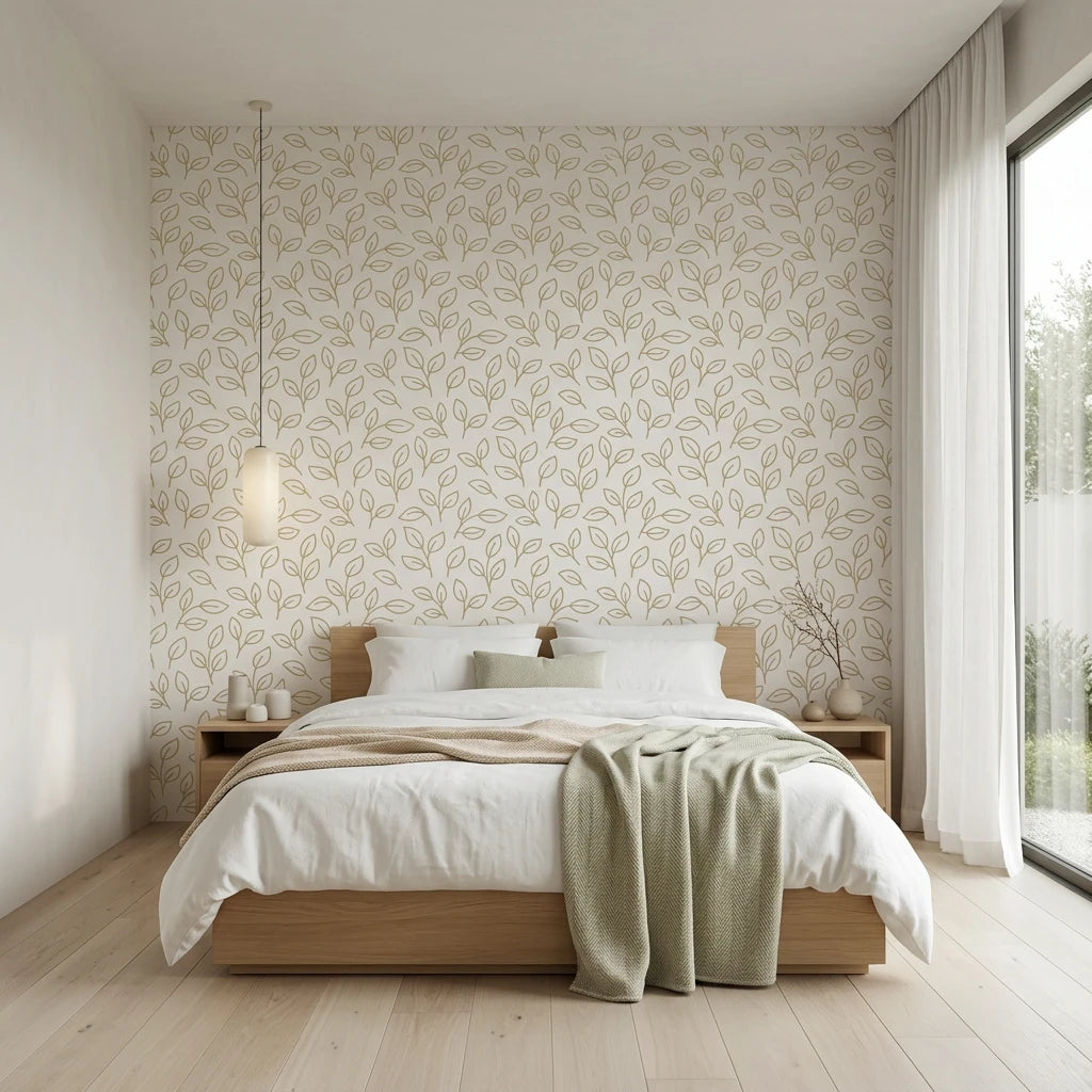 Dew &amp; Gold elegant gold botanical leaf wallpaper adding character to a cozy bedroom